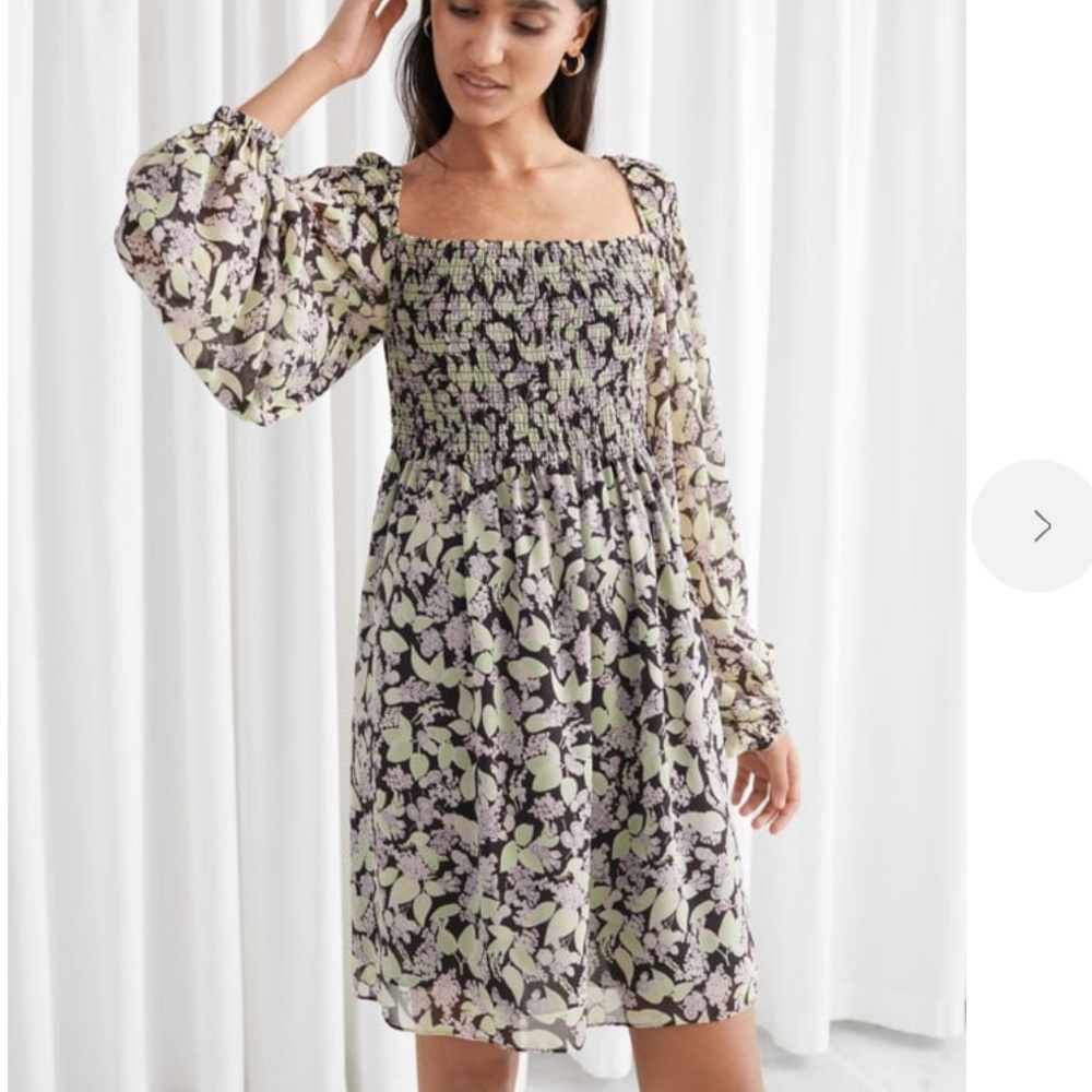 & Other Stories Smocked‎ Floral Dress Womens Size 4 Long Sleeve Mini Square Neck